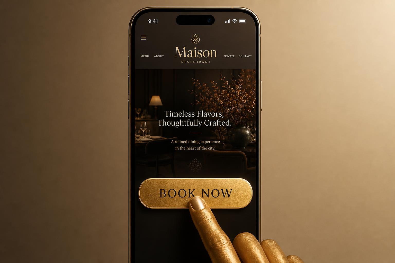 Mobile mockup showing a prominent gold Book Now button being tapped