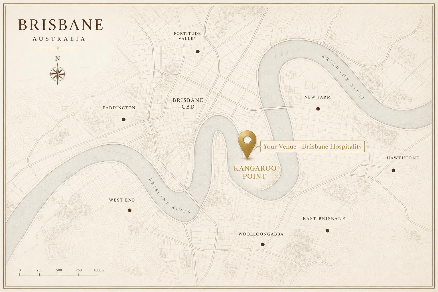 Stylised map of Brisbane with a gold pin marking Kangaroo Point
