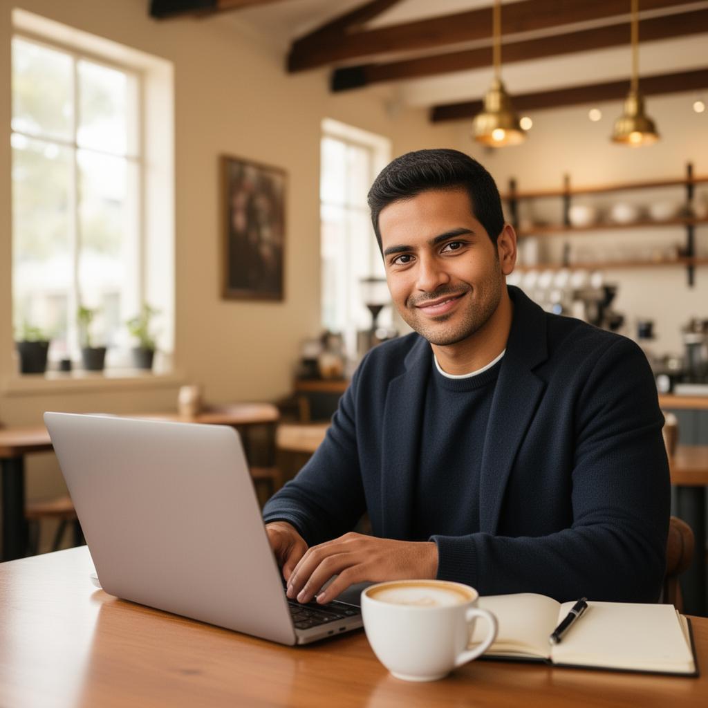 Matías Alcaino — digital consultant working on a laptop in a Brisbane café