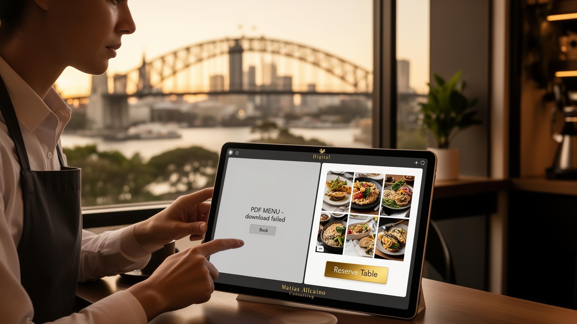 Digital Barista consultant pointing at a tablet showing a clunky PDF menu vs a clean visual menu with a gold Reserve Table button, Brisbane Story Bridge in the background