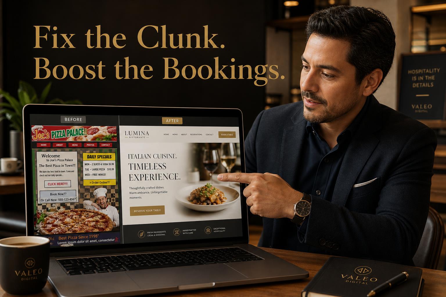 Digital consultant reviewing a clunky vs clean restaurant website mockup