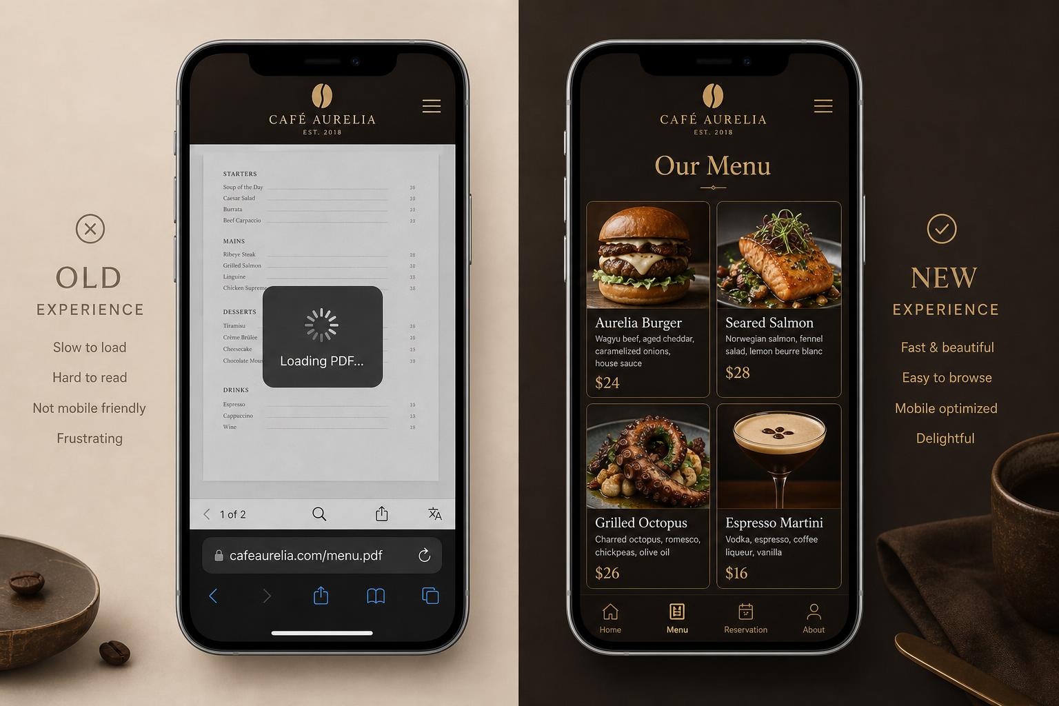 Side-by-side mobile mockup: clunky PDF menu vs modern visual menu UI