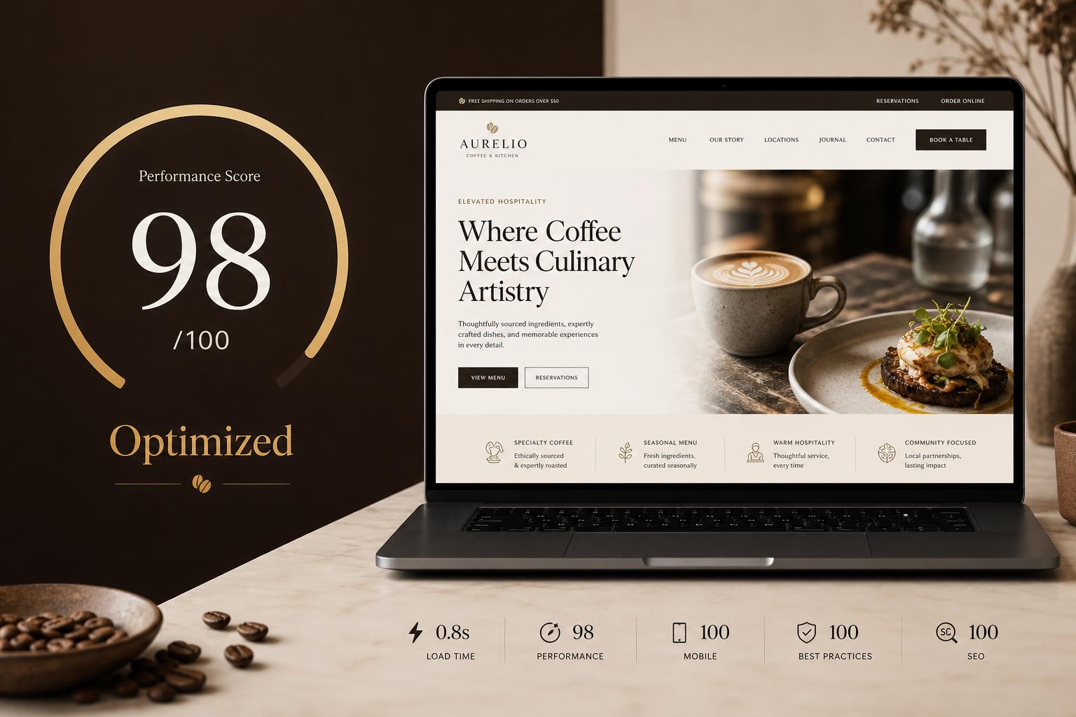 Performance score gauge showing 98 out of 100, next to a fast-loading laptop website