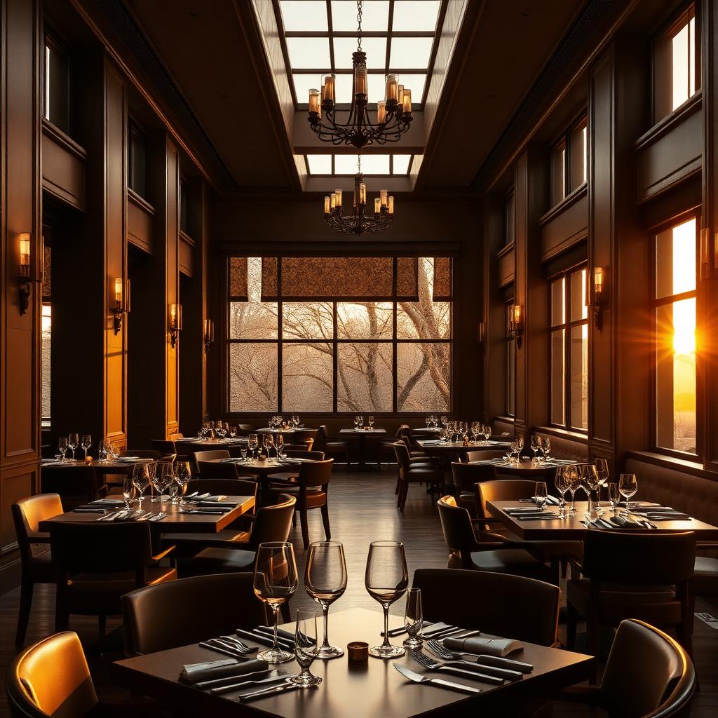 Golden hour Brisbane restaurant interior with empty tables