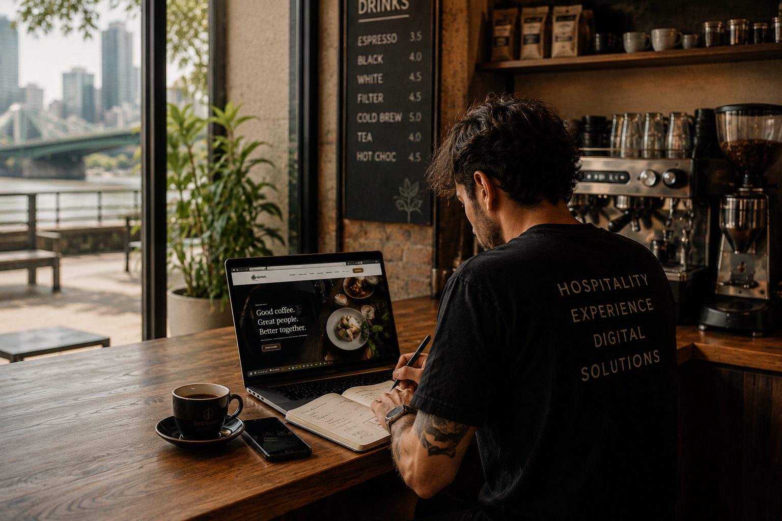 Digital Barista working on a hospitality website from a Brisbane café